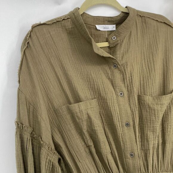 Anthropologie Talulah Cotton Gauze MIDI Dress M Long Sleeve Pockets Button Down - Picture 4 of 14